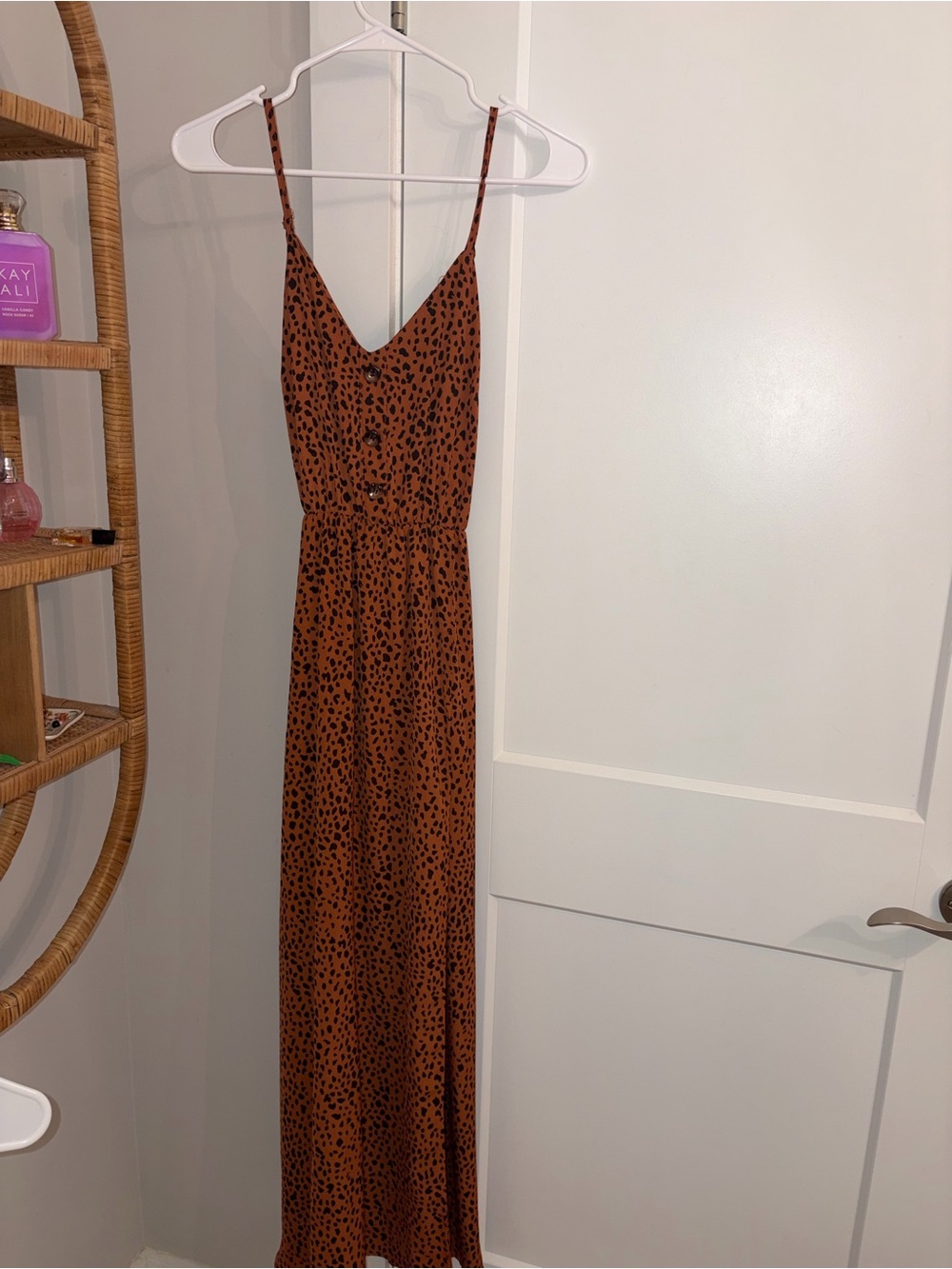 Spaghetti Strap Maxi Dress in Rust Leopard Print